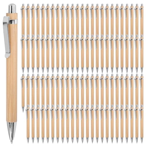 Juwacoo 100 Stück Bambus Kugelschreiber Set, Blaue Tinte, 1 mm Spitze, Kugelschreiber Personalisiert Holzkugelschreiber, Wooden Ballpoint Pen Schreiben ZubehöR Geschenke-Blaue Tinte von Juwacoo