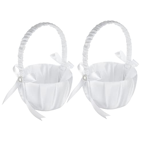 Juwacoo 2 Stück Satin Blumenmädchen Korb mit Schleife, Hochzeit Körbchen Hochzeitsdeko, Flower Girl Baskets Blumenkorb Hochzeit Streukörbchen Korb flower Basket Stand für Hochzeitszeremonie von Juwacoo