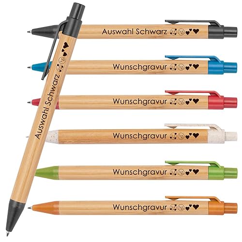 100x Kugelschreiber aus Bambus mit Wunschgravur | Nachhaltig | Emojis möglich | Blauschreibend | farbige Applikationen aus Weizenstroh | Werbekugelschreiber (Schwarz) von Juwelier Schönschmied