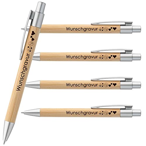 Juwelier Schönschmied 5x Kugelschreiber aus Bambus inkl. Wunschgravur | Emoji Gravur | Werbekugelschreiber personalisiert | Umweltfreundlich | blauschreibend | ø11 x 142 mm (5), (PS206) von Juwelier Schönschmied