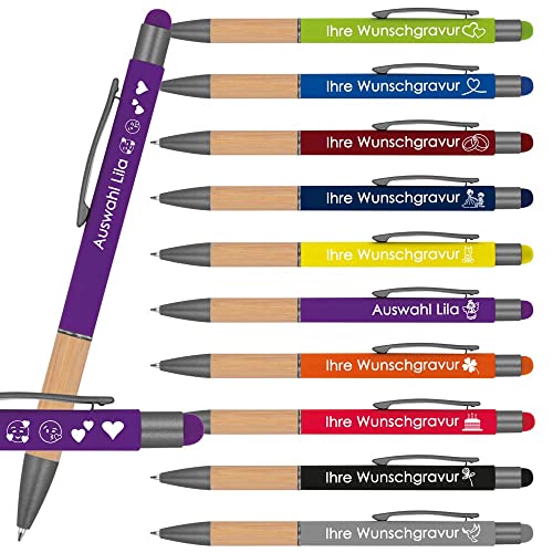 Kugelschreiber mit Gravur mit Bambusgriffzone | blau schreibend | Touchfunktion | Wunschgravur mit Emojis möglich | Werbekugelschreiber personalisiert (Lila, 100 Stück) von Juwelier Schönschmied