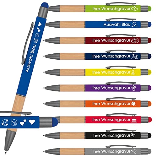 Kugelschreiber mit Gravur mit Bambusgriffzone | blau schreibended | Touchfunktion | Wunschgravur mit Emojis möglich | Werbekugelschreiber personalisiert (Blau, 50 Stück) von Juwelier Schönschmied