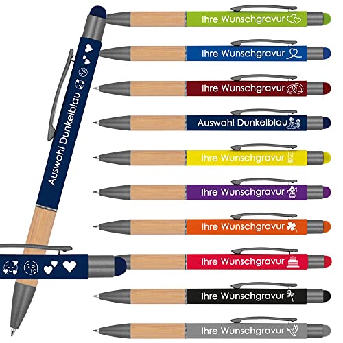 Kugelschreiber mit Gravur mit Bambusgriffzone | blau schreibended | Touchfunktion | Wunschgravur mit Emojis möglich | Werbekugelschreiber personalisiert (Dunkelblau, 100 Stück) von Juwelier Schönschmied