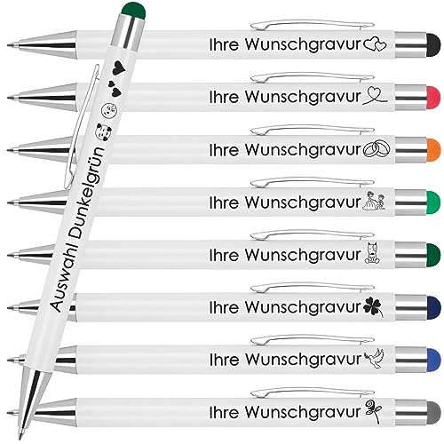 Kugelschreiber mit Wunschgravur | Werbekugelschreiber Personalisiert | Schreiben & Touchfunktion | Gummierter Oberfläche | Wunschsmbol Laser-Gravur 10 Stück Dunkelgrün von Juwelier Schönschmied