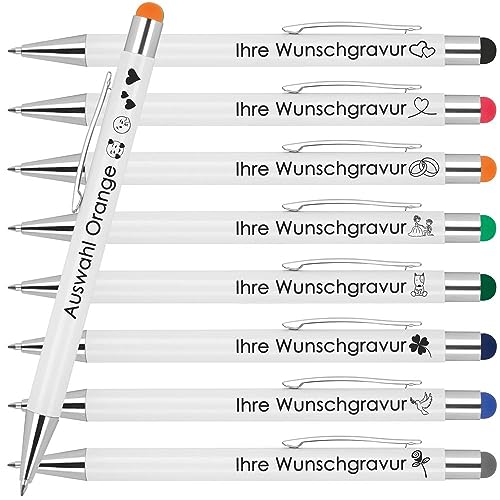 Kugelschreiber mit Wunschgravur | Werbekugelschreiber Personalisiert | Schreiben & Touchfunktion | Gummierter Oberfläche | Wunschsmbol Laser-Gravur 100 Stück Orange von Juwelier Schönschmied