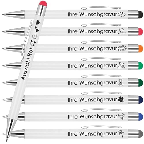 Kugelschreiber mit Wunschgravur | Werbekugelschreiber Personalisiert | Schreiben & Touchfunktion | Gummierter Oberfläche | Wunschsmbol Laser-Gravur 200 Stück Rot von Juwelier Schönschmied
