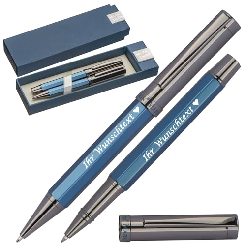 Mark Twain Schreibset mit Gravur | Kugelschreiber & Rollerball | blau schreibend | hochwertiges Metall | personalisierte Kullis | Gravierter Kugelschreiber mit Name | Wunschgravur von Juwelier Schönschmied