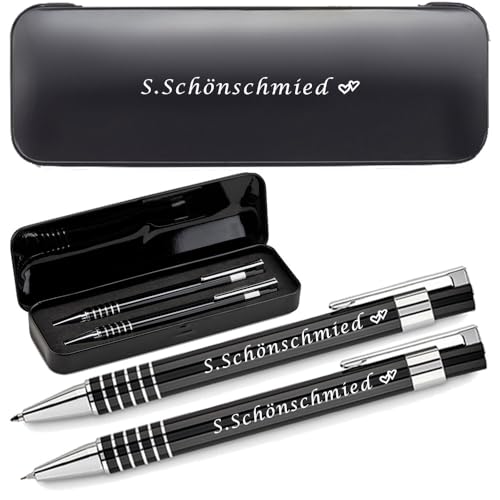 Schreibset mit Kugelschreiber & Druckbleistift aus Aluminium mit Gravur | blau schreibender Kugelschreiber | personalisiertes Schreibset | Geschenkbox mit Gravur | Gravierter Kugelschreiber mit Name von Juwelier Schönschmied