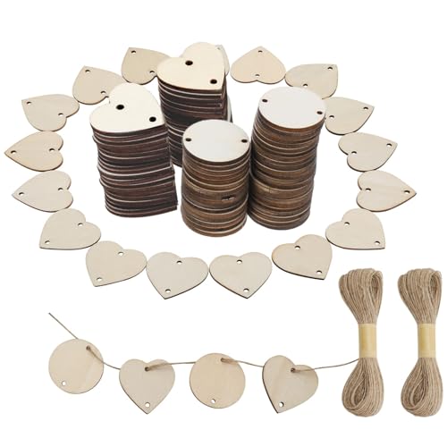 150 Stück Holzscheiben Set für DIY Basteln, Runde und Herzförmige Naturholzscheiben mit Jute Schnur, Ideal für Geburtstagskalender, Hochzeitsdeko, Geschenkanhänger, Streudeko und Partydekoration von Juyibaao