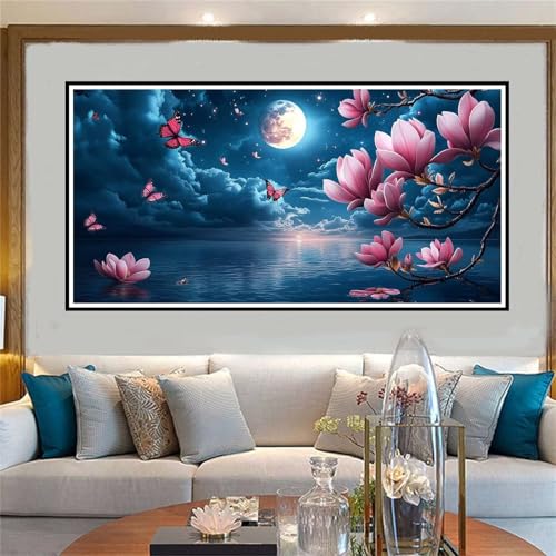 Blumensee Malen Nach Zahlen ab 5 6 7 8 9 10 Jahre Mädchen, Malen Nach Zahlen Kinder Anfänger DIY Kreativ Set Mond, Mit 3 Pinseln and Acrylpigment Kit, Adult Craft für Home Decor Geschenke 30x60cm-W605 von Jvyaeen