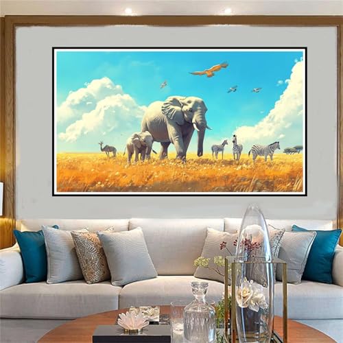 Malen Nach Zahlen Erwachsene Elefant, Paint by Numbers Wiese, DIY Malen Nach Zahlen Kinder, mit 3 Pinseln und Acrylfarben Handgemalt Ölgemälde Leinwand für Home Dekoration, Ohne Rahmen 70x140cm-W1039 von Jvyaeen