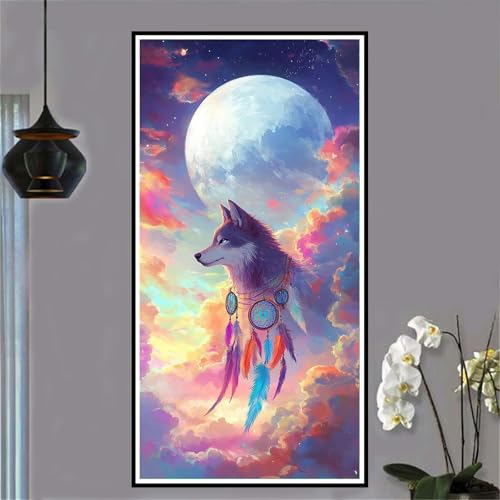 Mond Malen Nach Zahlen ab 5 6 7 8 9 10 Jahre Mädchen, Malen Nach Zahlen Kinder Anfänger DIY Kreativ Set Wolf, Mit 3 Pinseln and Acrylpigment Kit, Adult Craft für Home Decor Geschenke 40x80cm-W468 von Jvyaeen