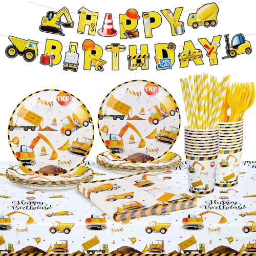 wogngls 103 Stück Bagger Partygeschirr Set Kindergeburtstag Deko, Partygeschirr Kindergeburtstag Bagger Geburtstag Deko 2 Jahre Junge, Baustelle Party Tischdecke Pappteller Becher Servietten Banner von Jwogngls