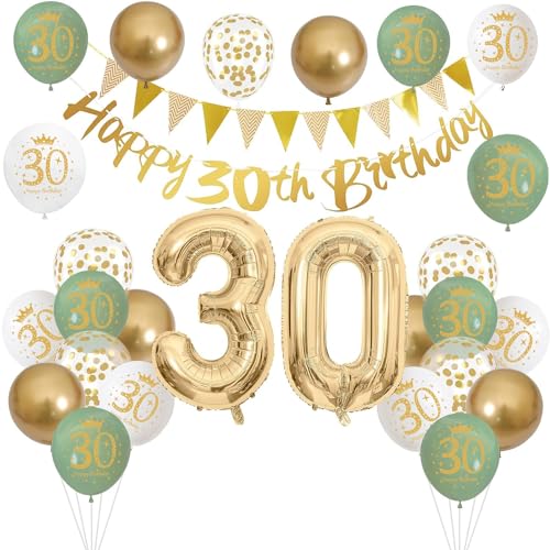 Jwssor Dekoration zum 30. Geburtstag, salbeigrün, goldfarben, weiß, Geburtstagsballons, Zahl 30, Happy Birthday-Banner, goldenes Dreiecksflaggenbanner für Geburtstagsparty von Jwssor