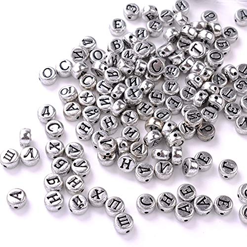 100 Stück russische Alphabet-Perlen, 4 x 7 mm, runde Buchstabenperlen, kleine Buchstabenperlen aus Acryl, flache runde Buchstabenperlen oder zur Schmuckherstellung, lose Perlen, (Silber) von Jwthee