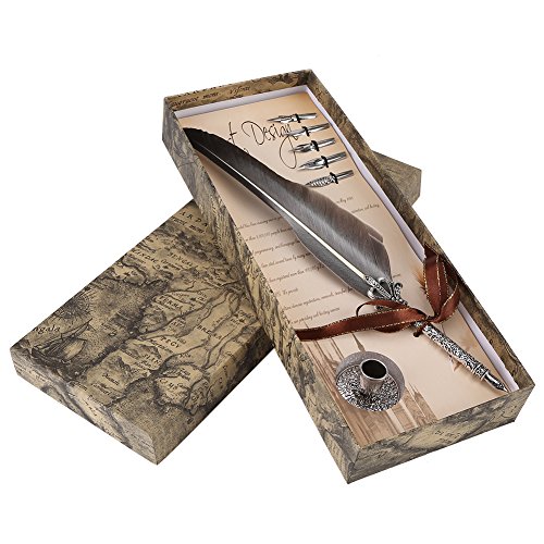 Jwthee Federn Quill Stift Set, Kalligraphie -Füllfederhalter Federn Stift mit 5 Kalligraphie Nibs Stifthalter leerer Tintenflaschen Geschenkbox Federn Signaturstifte zur Unterzeichnung (Grau) von Jwthee