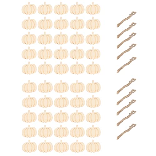 Zuschnitte aus Kürbisholz zum Basteln, 50 Sets Mini-Kürbisornamente aus unlackiertem Holz mit Loch, Hanfseilen, Thanksgiving-Holzkürbisdekorationen von Jwthee