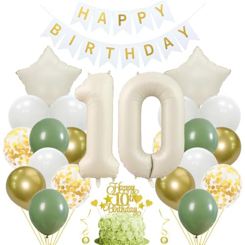 Jxuzh 10. Geburtstag Deko Salbeigrüne Deko 10 Geburtstag Mädchen Junge 10 Geburtstag Deko Junge Mädchen Luftballon 10. Geburtstag Beige Weiß Geburtstagsdeko 10 Jahre tortendeko für 10.Geburtstag von Jxuzh