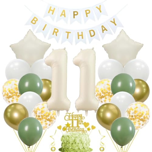 Jxuzh 11. Geburtstag Deko Salbeigrüne Deko 11 Geburtstag Mädchen Junge 11 Geburtstag Deko Junge Mädchen Luftballon 11. Geburtstag Beige Weiß Geburtstagsdeko 11 Jahre tortendeko für 11.Geburtstag von Jxuzh