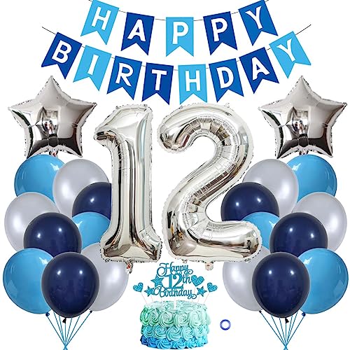 Jxuzh 12 Geburtstag Deko Junge Mädchen Ballon Deko 12. Geburtstag Junge Marinebla Silber Geburtstagsdeko 12. Geburtstag Deko Luftballons 12.geburtstag Happy Birthday Banner Für Birthday Party Deko von Jxuzh