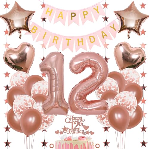 Jxuzh 12. Geburtstag Dekoration Mädchen Deko 12. Geburtstag Mädchen Luftballon 12. Geburtstag Rosegold Geburtstagsdeko 12 Rosegold Happy Birthday 12 Geburtstag Deko 12 Jahr Geburtstag Mädchen 33pcs von Jxuzh