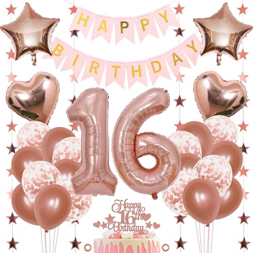 Jxuzh 16. Geburtstag Dekoration Mädchen Deko 16. Geburtstag Mädchen Luftballon 16. Geburtstag Rosegold Geburtstagsdeko 16 Rosegold Happy Birthday 16 Geburtstag Deko 16 Jahr Geburtstag Mädchen 33pcs von Jxuzh