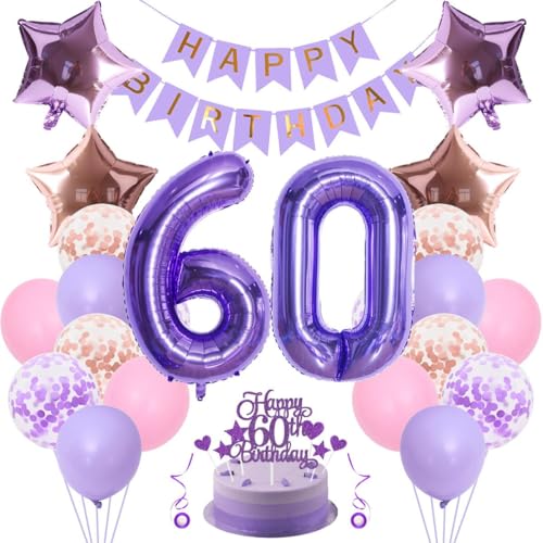 Jxuzh 60 Geburtstag Deko Frauen Manner Geburtstagsdeko 60 Frau Männer Rosa Lila Luftballons 60 Geburtstag Deko Lila Roségold 60 Jahre Geburtstag Frau Deko 60. Geburtstag Frau 60. Geburtstag Tortendeko von Jxuzh