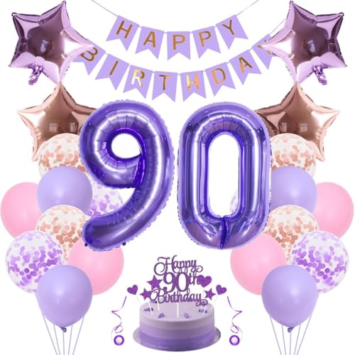 Jxuzh 90 Geburtstag Deko Frauen Manner Geburtstagsdeko 90 Frau Männer Rosa Lila Luftballons 90 Geburtstag Deko Lila Roségold 90 Jahre Geburtstag Frau Deko 90. Geburtstag Frau 90. Geburtstag Tortendeko von Jxuzh