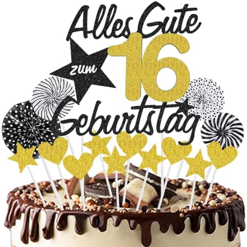 Jxuzh Alles Gute zum Geburtstag Cake Topper 16 Kuchendeko Geburtstag Happy 16.birthday Kuchendeko 16. Geburtstag Tortendeko 16 Schwarz Gold 16. Geburtstag Kuchen Deko 16 Geburtstag Mädchen 16 Gebursta von Jxuzh