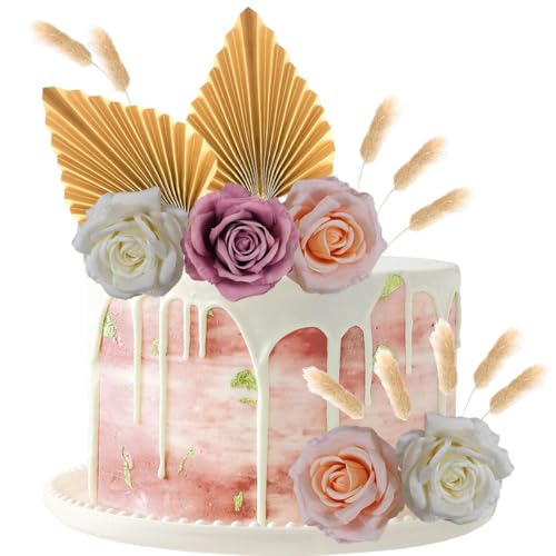 Jxuzh Boho Tortendeko Rosenblüte Baby Dusche Kuchen Dekoration Boho Tortenaufsatz Champagner Rose Kuchendekoration Tortendeko Blumen Boho Cake Topper Geburtstag Kugel Palmblätter Cupcake Topper Gold von Jxuzh