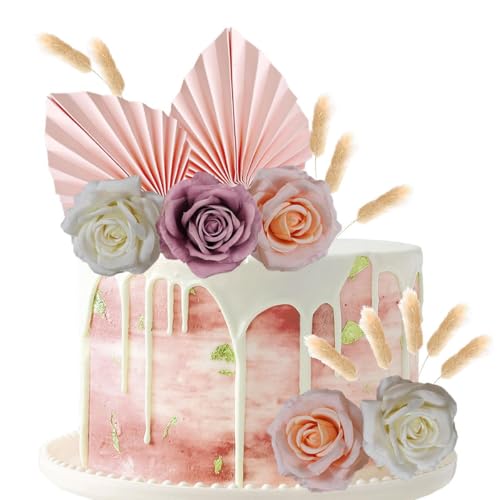 Jxuzh Boho Tortendeko Rosenblüte Baby Dusche Kuchen Dekoration Boho Tortenaufsatz Champagner Rose Kuchendekoration Tortendeko Blumen Boho Cake Topper Geburtstag Kugel Palmblätter Cupcake Topper Rosa von Jxuzh