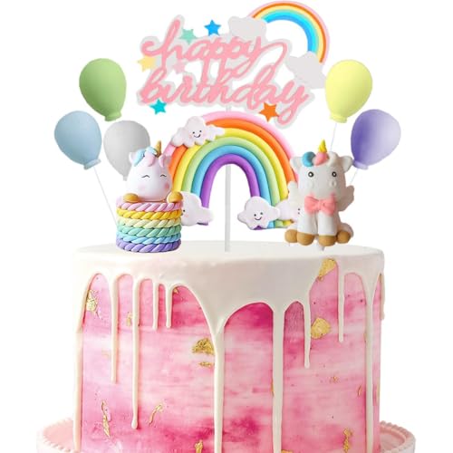 Jxuzh Einhorn Tortendeko Geburtstag Mädchen Tortendeko Einhorn Geburtstag Einhorn Kuchendeko Macaron Kuchen Deko Happy Birthday Tortendeko Einhorn Mädchen Einhorn Regenbogen Bunte Ballons Kuchen Toppe von Jxuzh