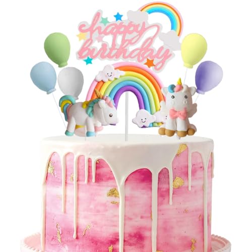 Jxuzh Einhorn Tortendeko Happy Birthday Tortendeko Kuchen Topper Einhorn Torte Deko für Mädchen Junge Kuchendeko Ballon für Kinder Mädchen Macaron Kuchen Deko Kuchen Topper Regenbogen Torte Topper von Jxuzh