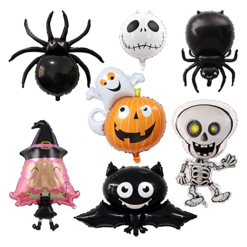 Jxuzh Folienballon Halloween Ballon Dekoration Set 7 Stück Halloween Deko Luftballons Riesen Halloween Folienballon Spinne Kürbis Fledermaus Geist Hexe Skelett Luftballons Halloween Grusel Party Deko von Jxuzh