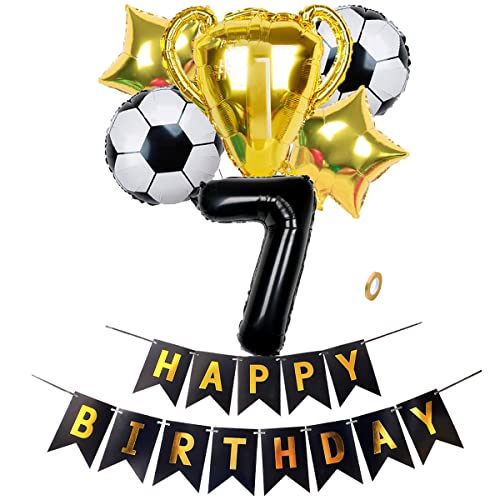 Jxuzh Fußball Party Dekoration Fussball Happy Birthday Banner Fußball Luftballon XL Zahl 7 Zahlen Ballon Schwarz Fussball Folien Ballon Pokal Gold 7. Kinder-Geburtstag Junge Geburtstagsfeier von Jxuzh