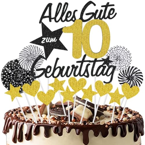 Jxuzh Happy 10th Birthday Tortendeko Schwarz Gold Alles Gute zum Geburtstag 10 Jahre Mädchen Jungen Kuchendeko 10. Geburtstag Kuchen Deko Tortendeko 10 Geburtstag Jungen Tortendeko Für 10 Geburtstag von Jxuzh