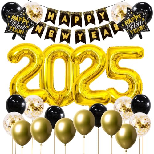 Jxuzh Silvester Deko 2025 Ballons Neujahr Silvesterdeko Happy New Year Girlande Banner Schwarz Gold Riesen Zahl 2025 Folienballon Happy New Year Folienballon Silvesterpartydeko Neujahr Luftballons von Jxuzh