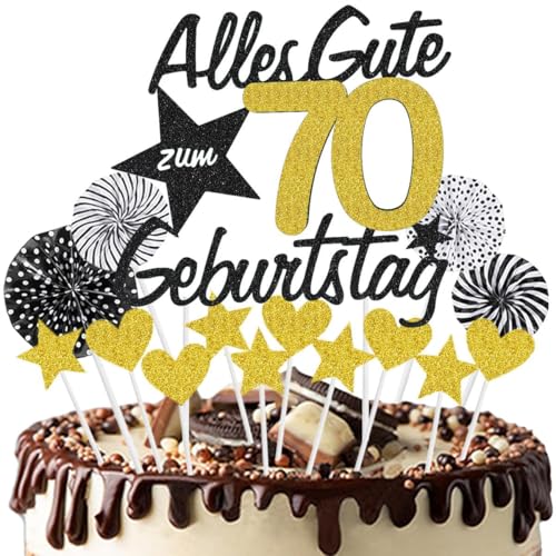 Jxuzh Tortendeko 70 Geburtstag Schwarz Gold 70th Happy Birthday Cake Topper 70.geburtstagstorte Topper Kuchen Topper Schwarz Gold Sternen Konfetti Luftballons Papierfächer Für Junge Mädchen Tortendeko von Jxuzh