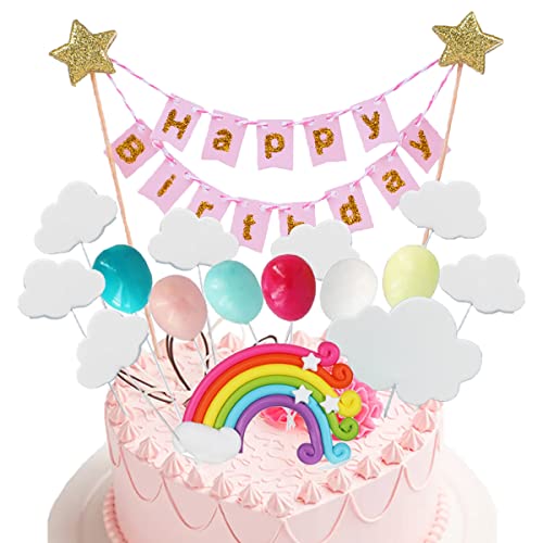 Jxuzh Tortendeko Geburtstag Kuchen kinder,Regenbogen Tortendeko Happy Birthday Torten,Geburtstag Kuchen Regenbogen Happy Birthday Girlande Luftballon Wolke Kuchen Topper für Kinder Mädchen Junge16 pcs von Jxuzh