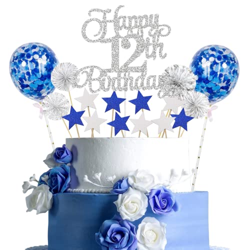 Tortendeko 12 Geburtstag Silber Blau Kuchen Topper Cake Topper 12 Kuchendeko Geburtstag Happy 12 Birthday Kuchen Deko 12 Geburtstag Junge Tortendeko 12 Geburtstag Mädchen 12. Geburtstag Kuchen Deko von Jxuzh