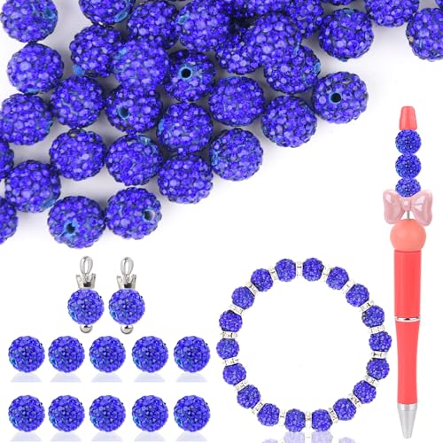 Perlen aus Ton zum Basteln, 10 mm, königsblau, runde Shamballa-Discokugel-Perlen für Stiftherstellung, funkelnde Kristall-Ton-Perlen für Schmuck, Halsketten, Armbänder, Ohrringe, 50 Stück von Jyukan