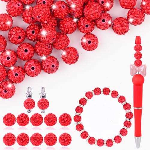 Rote runde Shamballa-Discokugelperlen aus Ton zum Basteln, 10 mm, glitzernde Kristall-Ton-Perlen für Schmuck, Halsketten, Armbänder, Ohrringe, 50 Stück von Jyukan