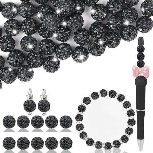 Shamballa-Discokugel-Perlen aus Ton zum Basteln, 10 mm, schwarze runde Shamballa-Discokugel-Perlen zur Herstellung von Stiften, glitzernden Kristall-Ton-Perlen für Schmuck, Halsketten, Armbänder, von Jyukan