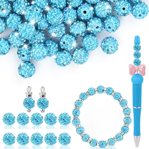 Ton-Strassperlen zum Basteln, 10 mm, Aquamarin, runde Shamballa-Discokugel-Perlen für Stiftherstellung, glitzernde Kristall-Ton-Perlen für Schmuck, Halsketten, Armbänder, Ohrringe, 50 Stück von Jyukan