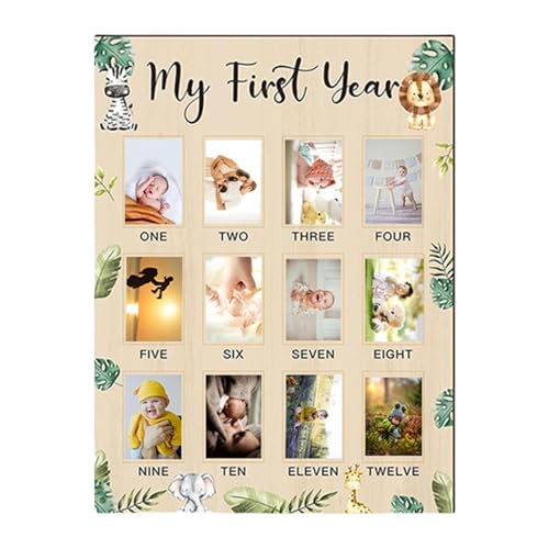 Jyxuyy Erstes Jahr Foto Display Board Monatliche Fotocollage 12 Monate Fotoboard Personalisierte Baby Foto Display Holz Fotoboard 1. Geburtstag Dekorationen Einfach zu bedienen für Babyfotos von Jyxuyy