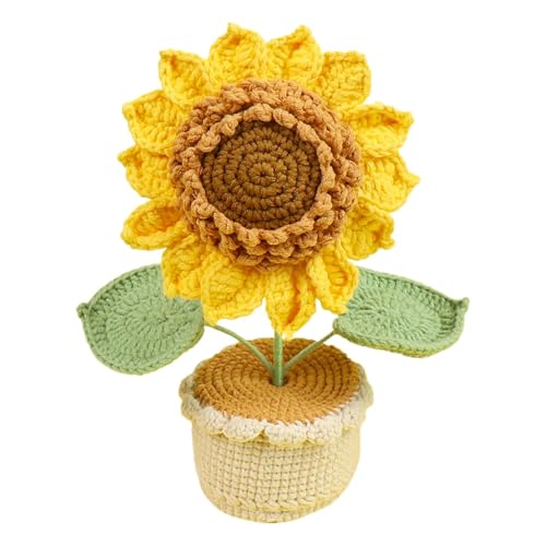 Jyxuyy Niedliche gestrickte Sonnenblumen-Autoverzierung, weiße Sonnenblume-Topfdekoration, Sonnenblumen-Häkelblume, langlebig, handgefertigt, gelb/violett/blau/rosa, für Schlafzimmer oder Wohnzimmer von Jyxuyy