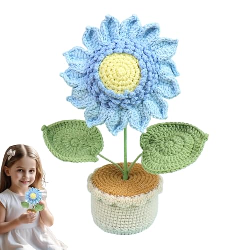 Jyxuyy Niedliche gestrickte Sonnenblumen-Autoverzierung, weiße Sonnenblume-Topfdekoration, Sonnenblumen-Häkelblume, langlebig, handgefertigt, gelb/violett/blau/rosa, für Schlafzimmer oder Wohnzimmer von Jyxuyy