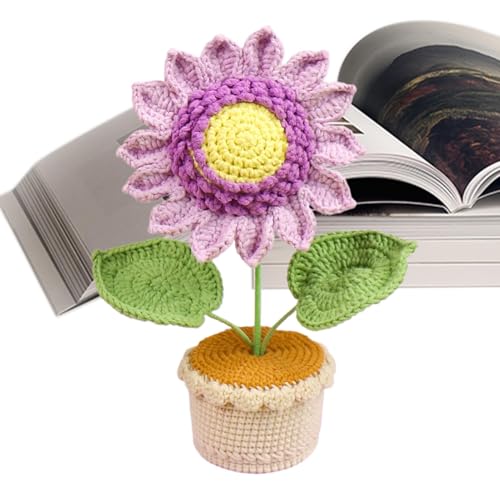 Jyxuyy Niedliche gestrickte Sonnenblumen-Autoverzierung, weiße Sonnenblume-Topfdekoration, Sonnenblumen-Häkelblume, langlebig, handgefertigt, gelb/violett/blau/rosa, für Schlafzimmer oder Wohnzimmer von Jyxuyy