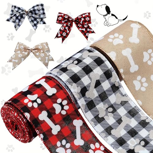 Wired Edge Dog Paw Print Ribbon | Set Of 3 Rolls Decorative Polyester Craft Ribbon | Ideal For Pet-Themed, Floral Arrangements, Wedding Decor, And Creative Crafting Projects von Jyxuyy