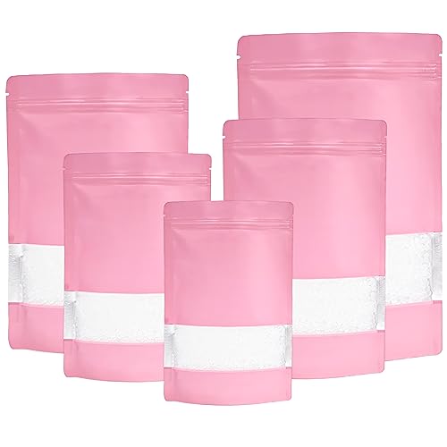 100 Stücke Mylar Bags,Wiederverschließbare Zipper Beutel Mit Fenster, Ziplock Standbodenbeutel,Mylarfolie Folienbeutel,Mylar Beutel Für die Lagerung von Lebensmitteln (rosa, 10x15cm -100 Stücke) von K KAREZOG